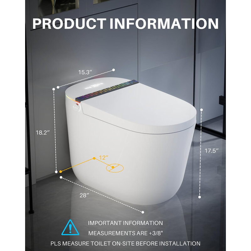 Yingze Modern Smart Toilet with Bidet - Matte White One-Piece Design, Foot Sensor & Color LED Display, ADA Height Tankless Toilet for Luxury Bathrooms