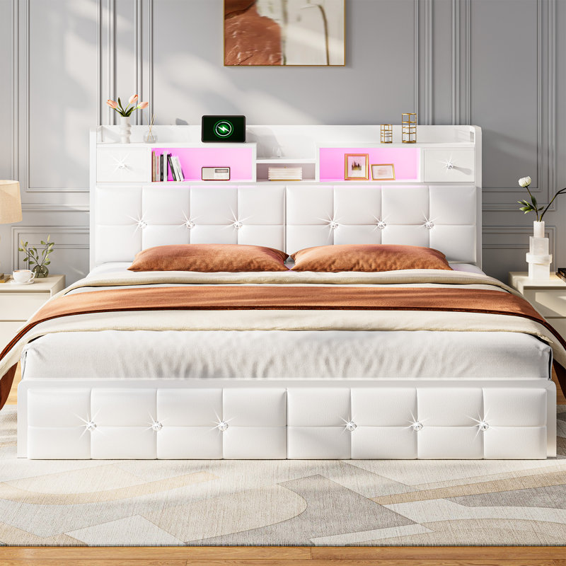 Lit tête de lit tapissier moderne avec tiroirs et tablettes de rangement, tête de chargement USB et éclairage d'ambiance personnalisable à DEL - double / grand / très grand