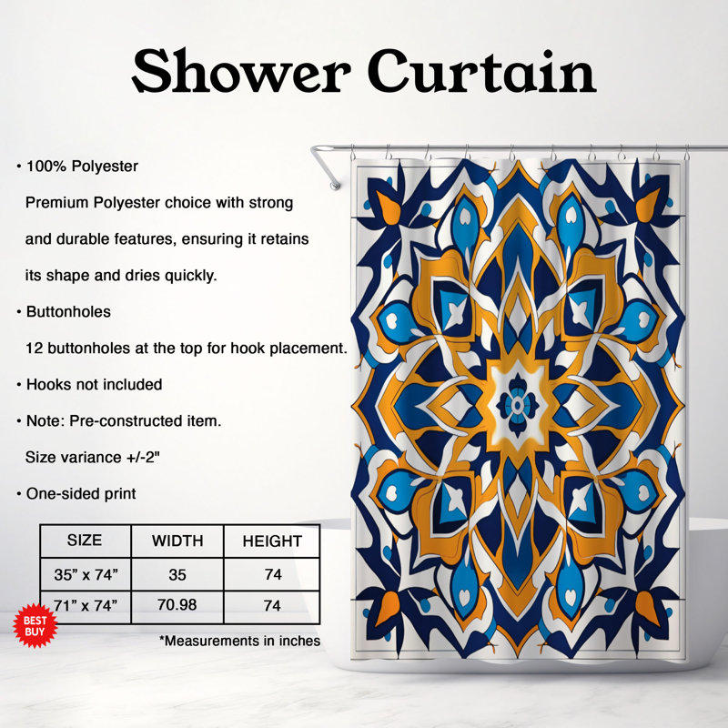 Rideau de douche standard 1 pièce Arab Tile Prints, H 74 po x l 35 po