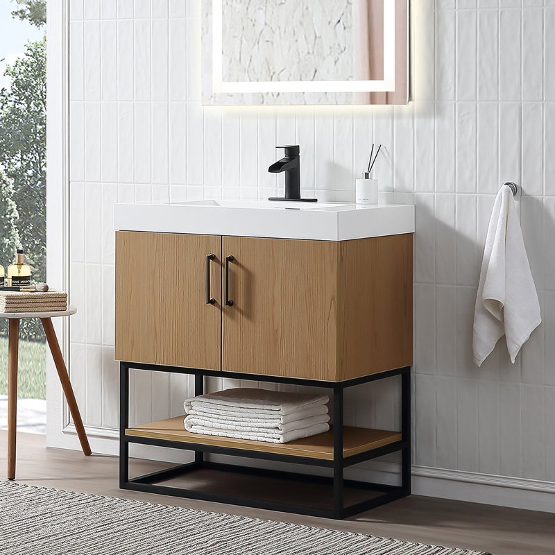 30" Free Standing Single Bathroom Vanity with Resin Top in Oak