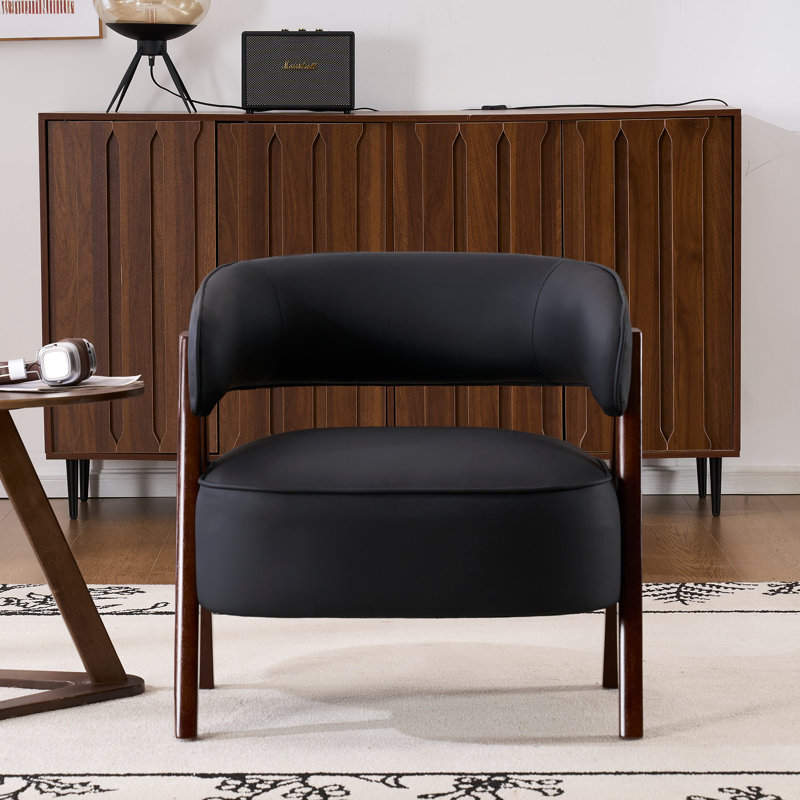 25"W Extra Wide Armchair With Wood Legs, Faux Leather Upholstered Accent Chair With Wingback, Mid-Century Modern Barrel Chair With Curved Arms, Thick Cushion For Living Room Bedroom Cafe, Black