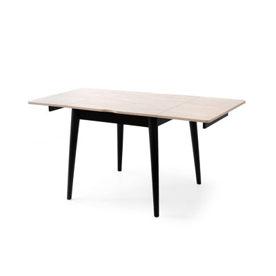 Table de salle à manger moderne extensible, Travertin et noir, 31,5 po x 29,5 po x 31,5 po | S'étend à 63,0 pouces | Panneau de particules 100% enduit de mélamine avec pieds en plastique | Capacité de charge de 220 lb | Design élégant et fonctionnel