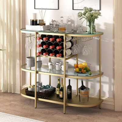 Itasca Metal Wine Bar Stand with 4-Tier Storage, Tempered Glass Wine Rack Table with Glass Holders by Willa Arlo Interiors