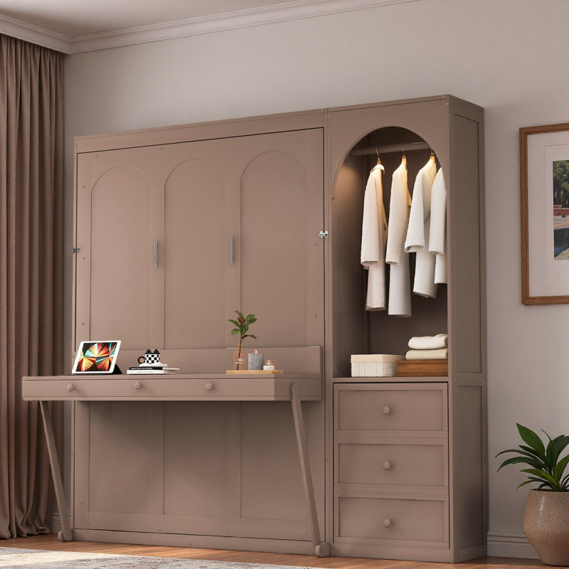 Lit escamotable avec tablette Stoarge, bureau, lumière DEL, armoire et 3 tiroirs Murphy, Brun
