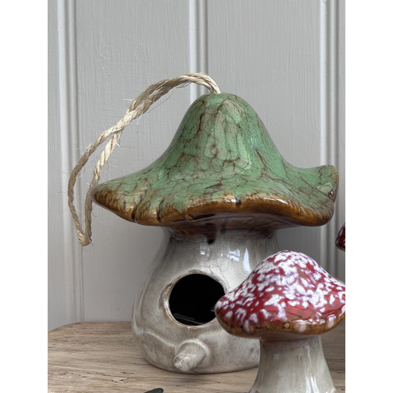 Selke Variable Glaze Ceramic Mushroom / Toadstool Birdhouse Hanging, Green