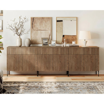 94.5" Reeded Accent Cabinet Set With 6 Doors And Drawers, Modern Credenza Storage Cabinet With Metal Legs For Living Room, Entryway, Hallway