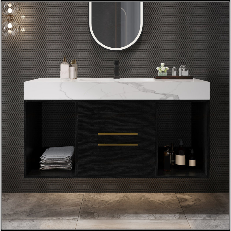 39.4"Floating Bathroom Vanities With Ceramic Sink And 2 Drawers, Black
