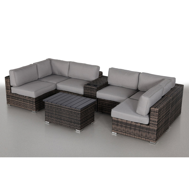 Espresso Rattan Wicker 4-Person Seating Group with Gray Cushions