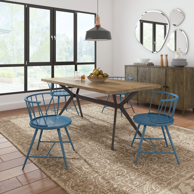 Ensemble de table et 4 chaises Breaux, Pin clair, Acier bleu