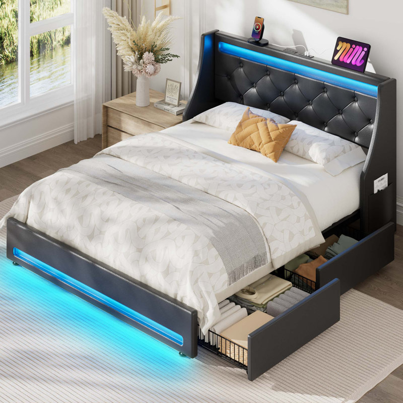 Upholstered Platform Bed Frame with Wingback Headboard & LED Lights& 4 Storage Drawers, Black, Queen