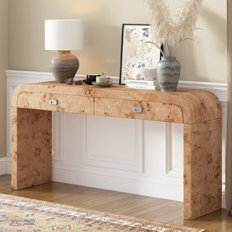 Console avec 2 grands tiroirs et poignées en métal, canapé multifonctionnel avec 2 pieds robustes, Bois naturel