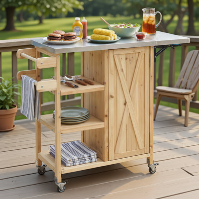 Chariot-bar en bois massif, îlot de cuisine extérieur pliable, îlot de cuisine pour patio