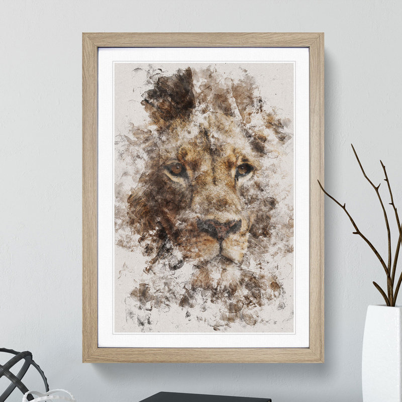 Face of a Lion Watercolour - Picture Frame Graphic Art, 65cm H x 48cm W x 2cm D, Oak