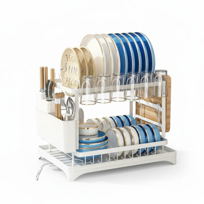 Égouttoir à vaisselle en acier au carbone antirouille avec égouttoir pour comptoir de cuisine - égouttoir à assiettes - fentes à couteaux, support à baguettes et porte-planche à découper - couleur: noir / blanc