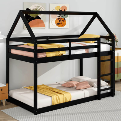 Twin Over Twin House-Shaped Floor Bunk Bed, With Ladder,Guardrails