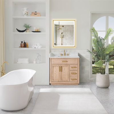 Ensemble de meuble-lavabo simple 36 po en frêne naturel avec miroir Gavino
