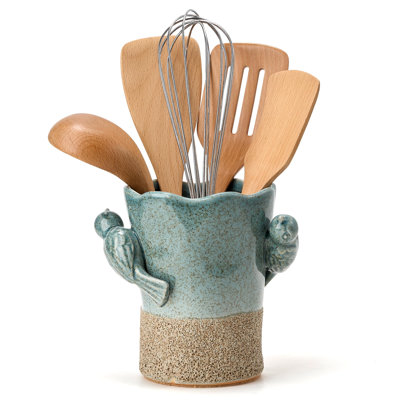 Utensil Holder for Kitchen Counter, Modern Farmhouse Cooking Utensil Holder and Crock Home Kitchen Decor, Ceramic Utensil Organizer, (Blue and Brown)
