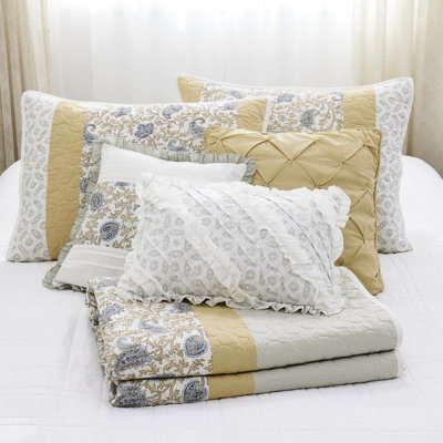 6 Piece Reversible Bedroom Quilt - Yellow Full/Queen With Soft Fabric & Pillows In Cotton Cover