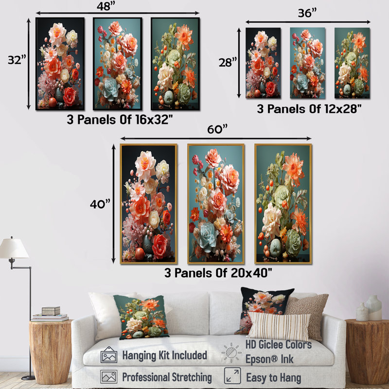 Floral Oasis Bouquet I - Fleurs, ensemble de 3 reproductions d'art mural, Cadre flottant noir, H 40 po x l 60 po