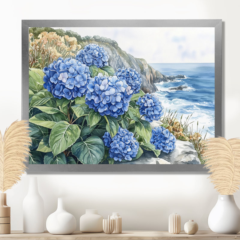Hydrangées au bord de la mer, falaise II - hydrangées, art mural, Reproduction encadrée d'une seule photo sans pass