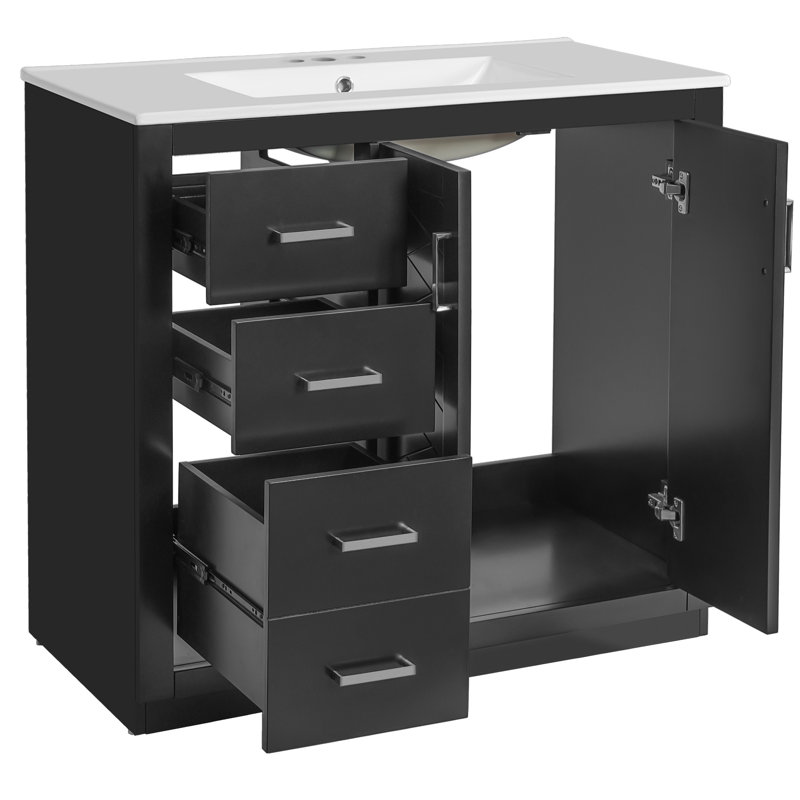 Meuble-lavabo de 36 po avec lavabo en céramique, structure en bois massif, charnières, rangement spacieux pour tous les besoins, style rétro, poignée en métal exquise, glissière de tiroir lisse, articles essentiels de 36 po, facile
