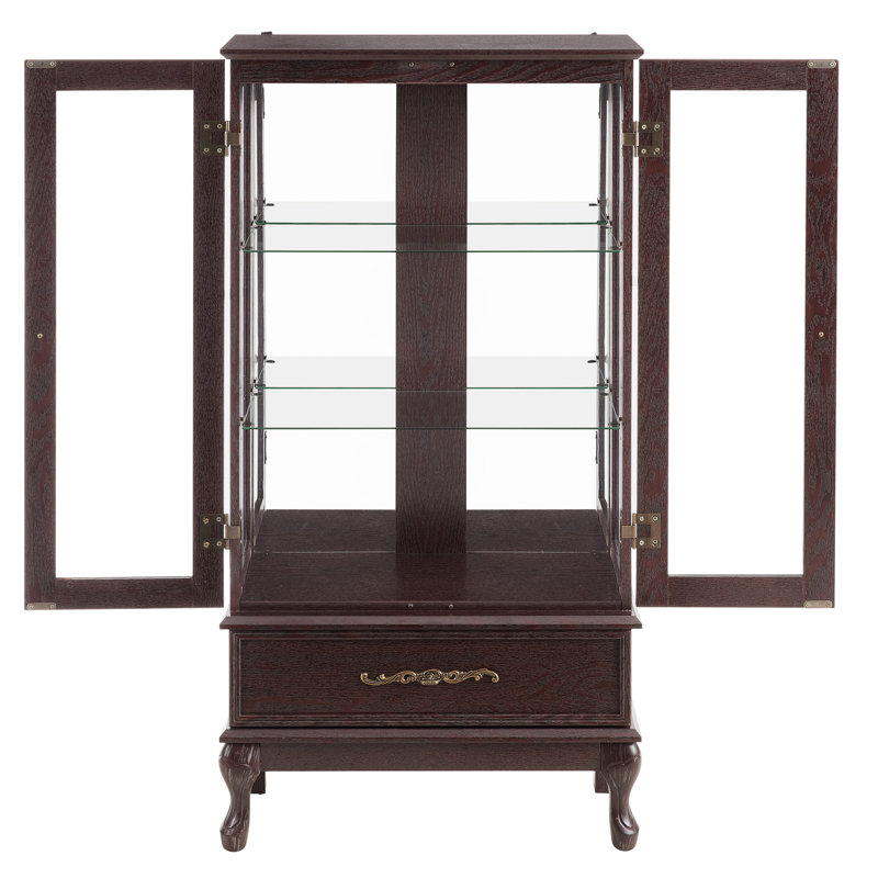 Vitrine en cerisier foncé avec tablettes mobiles, 2 portes, 1 tiroir, illuminé, verre rétro rétro-éclairé, tablettes réglables, poignée