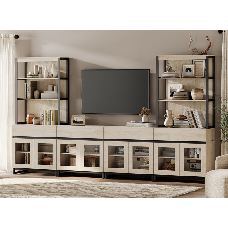 Modern TV Stand With 3 Tiers Bookshelf, Farmhouse Entertainment Center With 4 Drawers And Adjustable Shelf, Wooden Media TV Console With Glass Doors For Living Room