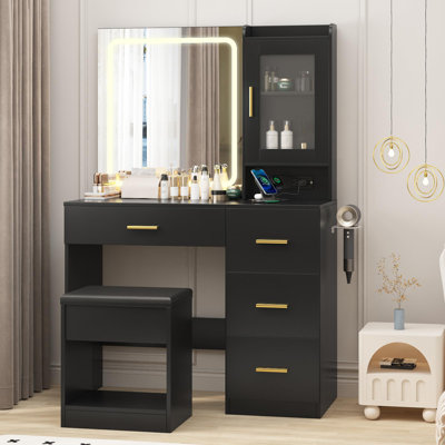 Modern Makeup Vanity Desk with 3 Colors LED Lighted Mirror, Built-in Outlets, 4 Drawers, Hair Dryer Holder and Storage Stool for Bedroom