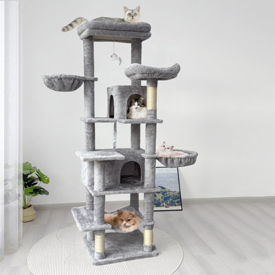 Arbre à chat de 68 po de haut à plusieurs niveaux avec hamacs, panier suspendu, grotte pour chat, coussin amovible, poteaux à griffer - tour de chat en peluche pour chats d'intérieur, pour chats multiples