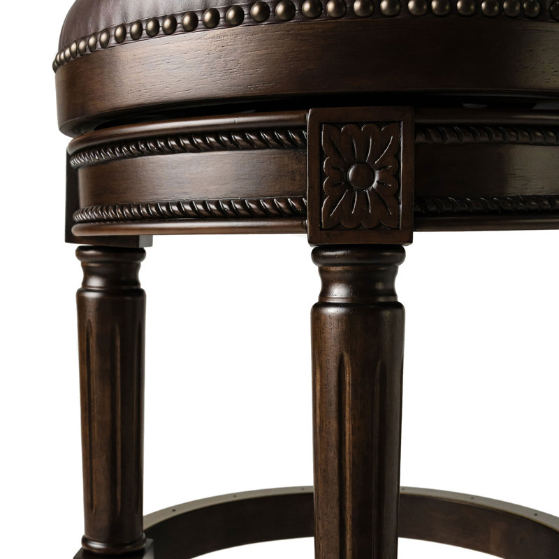 Dark Walnut Backless Swivel Bar Stool with Leather Seat