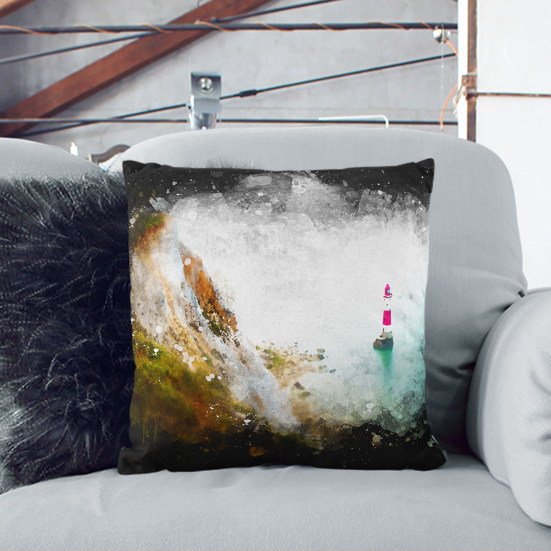 Lighthouse by the Coast Paint Splash Cushion with Filling, 40cm H x 40cm W x 15cm D, White