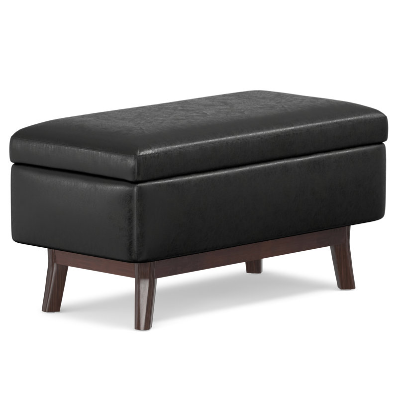 Owen 36"W Upholstered Mid-Century Modern Rectangular Lift-Top Ottoman with Tufted Detail, Distressed Black Faux Leather