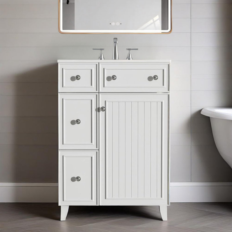 Meuble-lavabo 24 po avec lavabo en céramique, 2 tiroirs, 1 porte, Blanc / argenté