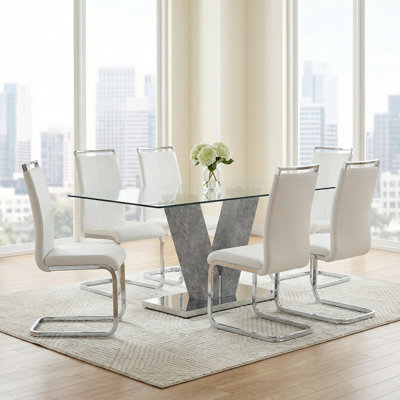 7-Piece Modern Glam Tempered Glass Dining Table Set with Faux Leather Cantilever Chairs