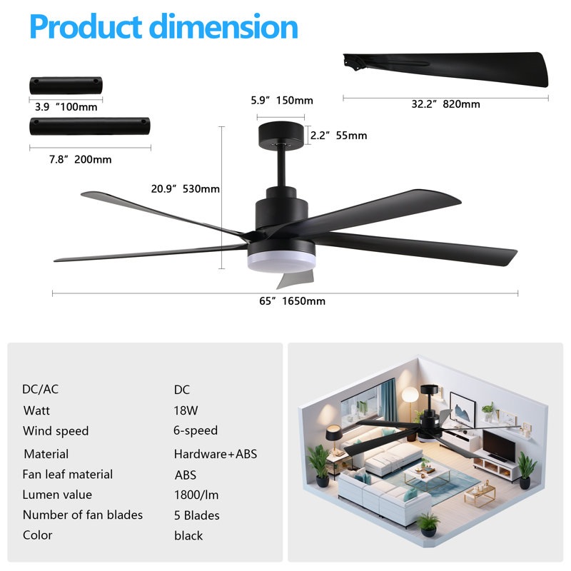 Quentin 65" Dimmable LED Ceiling Fan with Remote Control