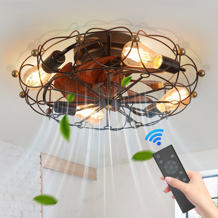 20" Low Profile Caged Flush Mount Ceiling Fan With Light Kit and Remote Control, 6-Speed Reversible