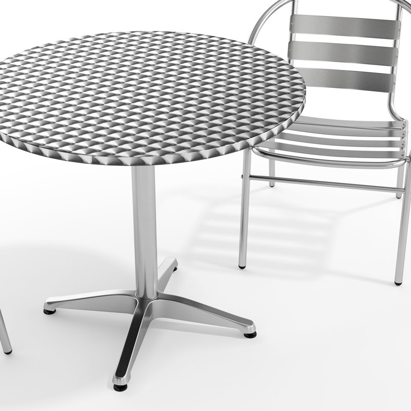 Moraal Round Aluminum Indoor-Outdoor Table Set with 2 Slat Back Chairs, 27.25" H x 31.5" W x 31.5" D, Silver
