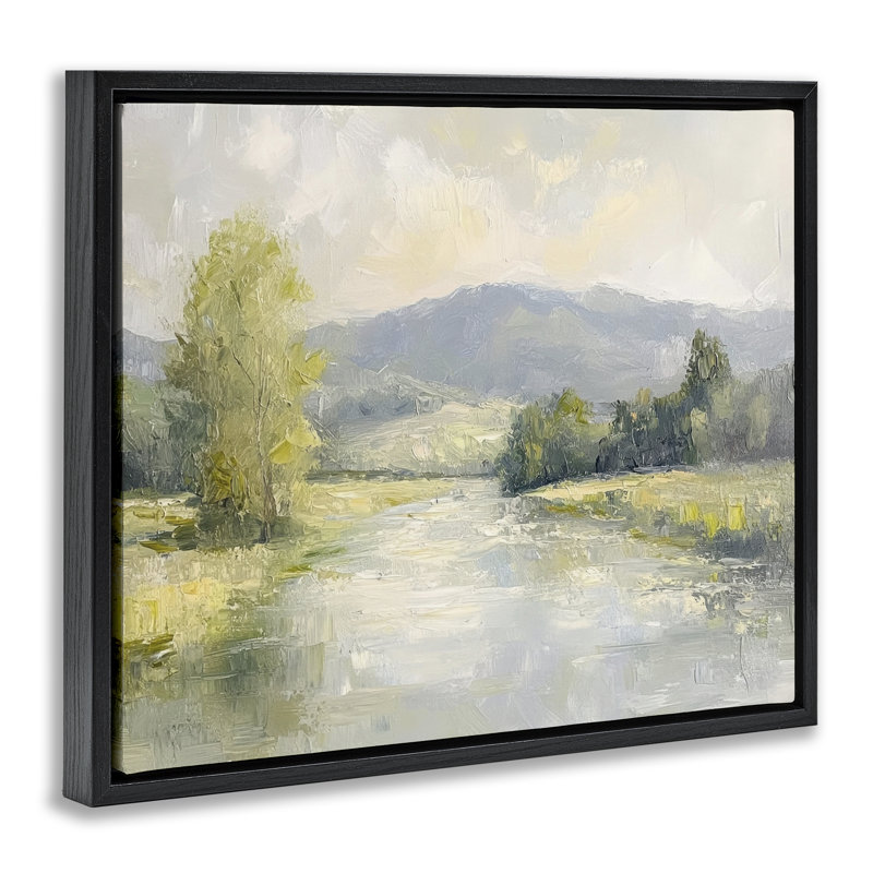 Cadre flottant abstrait rivière et montagne, design par Petal Prints Design, Cadre flottant noir de jais, H 17 po x l 21 po