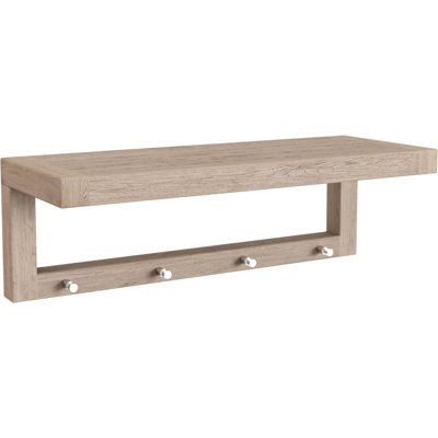 24" Light Gray Solid Wood Wall Mounted Floating Shelf With Hooks