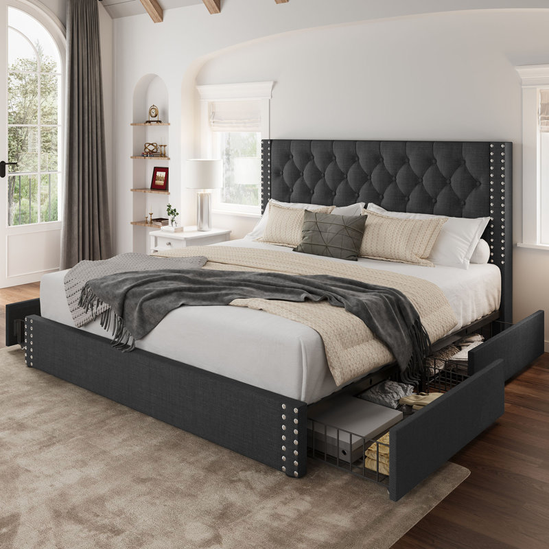 Lit plateforme tapissier avec rangement Kevyon, Gris, Lit double