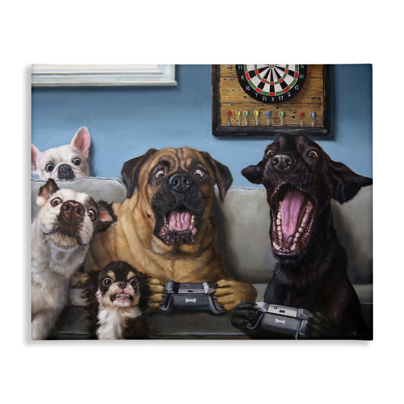 Drôles de chiens jouant à des jeux vidéo - Impression sur toile, H 36 po x l 48 po