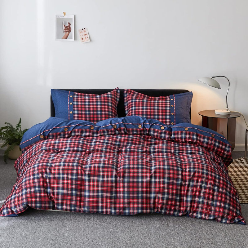 Ensemble de housse de couette 100% coton à carreaux Buffalo, Édredon grand + 2 taies d'oreiller standard, Rouge