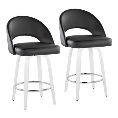 Tabouret de comptoir à hauteur fixe avec pivot en bois blanc et similicuir noir avec repose-pieds rond chromé - 2 pièces