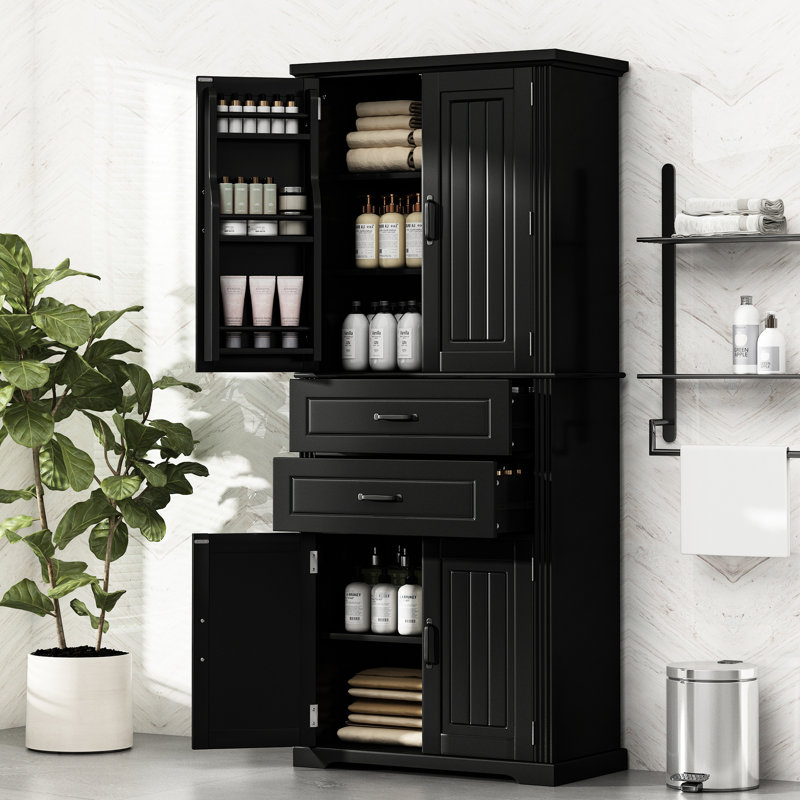 Armoire de rangement noire de 72,5 pouces idéale pour la cuisine, la salle à manger et la salle de bain. Tablette réglable, 2 tiroirs, charnières. Assemblage simple dans plusieurs pièces. Tableaux. Bordure élégante au design élégant