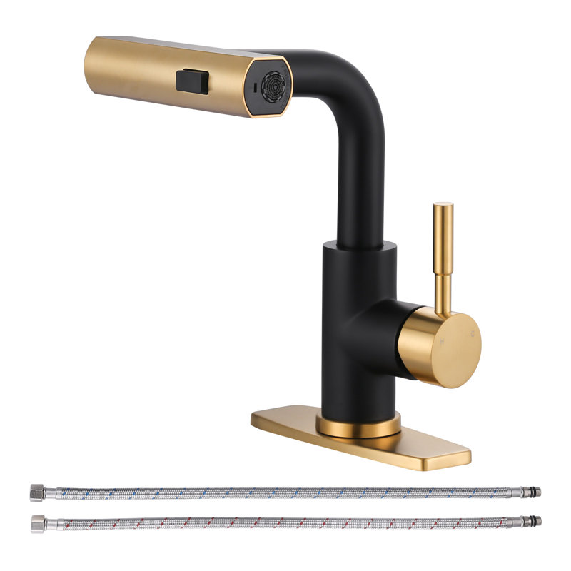 Single Handle Pull Out Kitchen Faucet With Unique 90° Swivel Sprayer Head In Three Function Modes, Matte Black/Gold