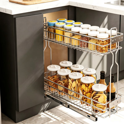 Organisateur de cuisine robuste à 2 niveaux escamotable - Support à épices coulissant chromé pour armoires sans cadre - Glissières à roulement à billes silencieuses - Convient aux bouteilles et aux pots - 5,7 pouces de large