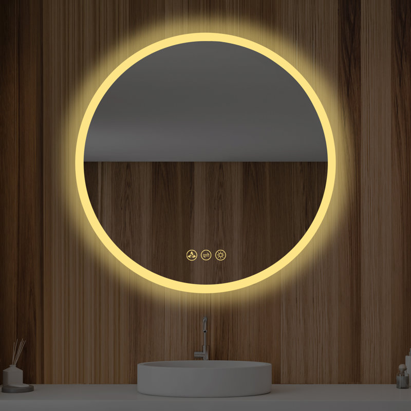 Round Bathroom Vanity Mirror Wall Mounted with LED Lights, Frameless Lighted Bathroom Wall Mirror with Defogger and Dimmable Lighting