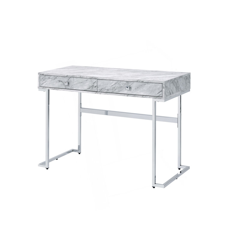 Bureau d'écriture sophistiqué au fini chromé avec plateau en faux marbre et rangement spacieux