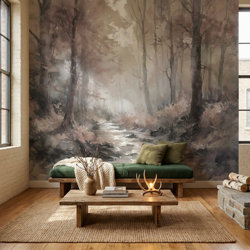Murale forêt avec ruisseaux, Peler et coller, L: 112 po x H: 72 po