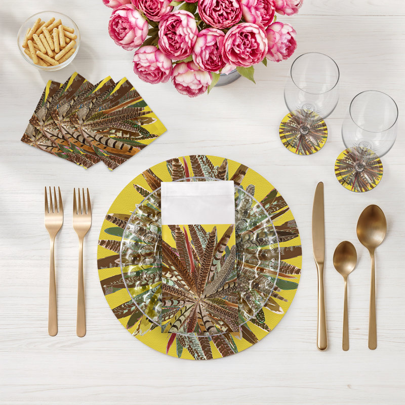 Pheasant Feathers Vegan Leather Round Pebble Placemat, Yellow